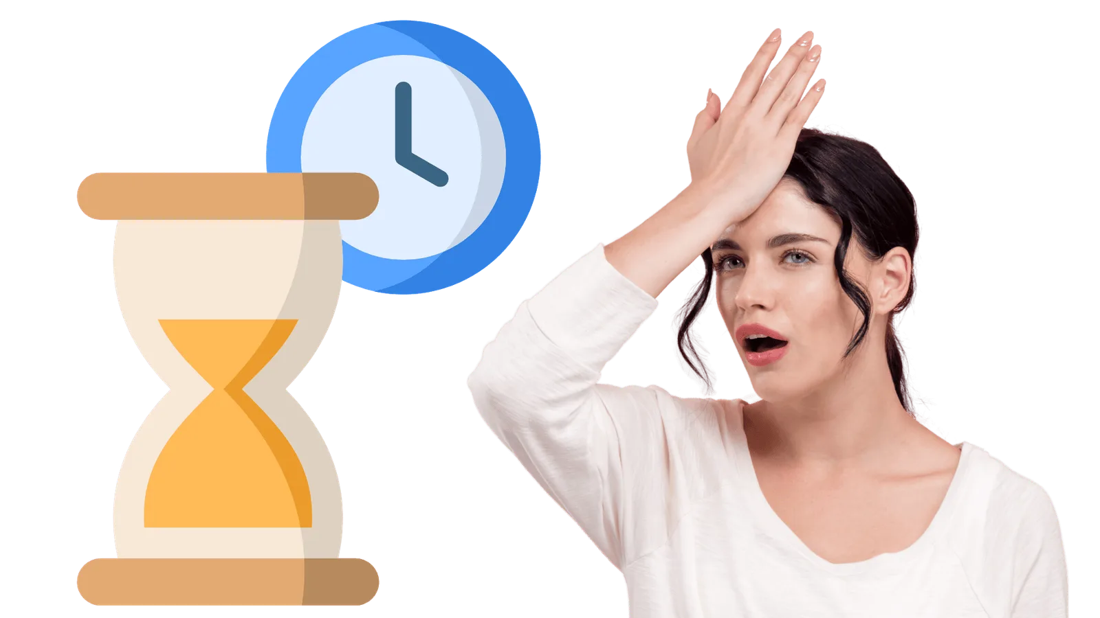 Frau mit Sanduhr und Uhr-Symbol zeigt Zeitmanagement und typische Fehler bei Abschlussprüfung