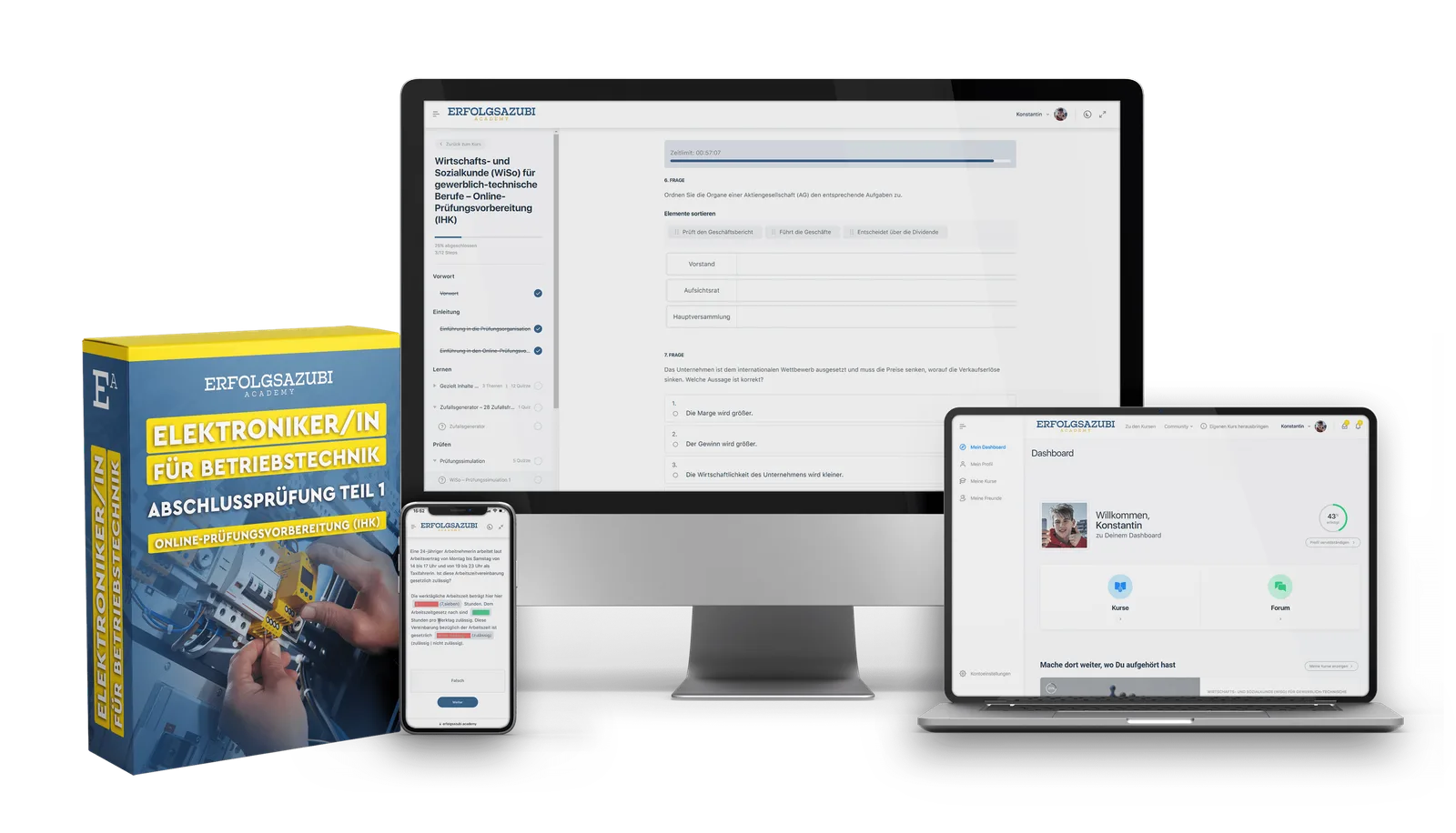 ErfolgsAzubi Academy Plattform Elektroniker für Betriebstechnik Kurs auf Laptop, Tablet und Smartphone