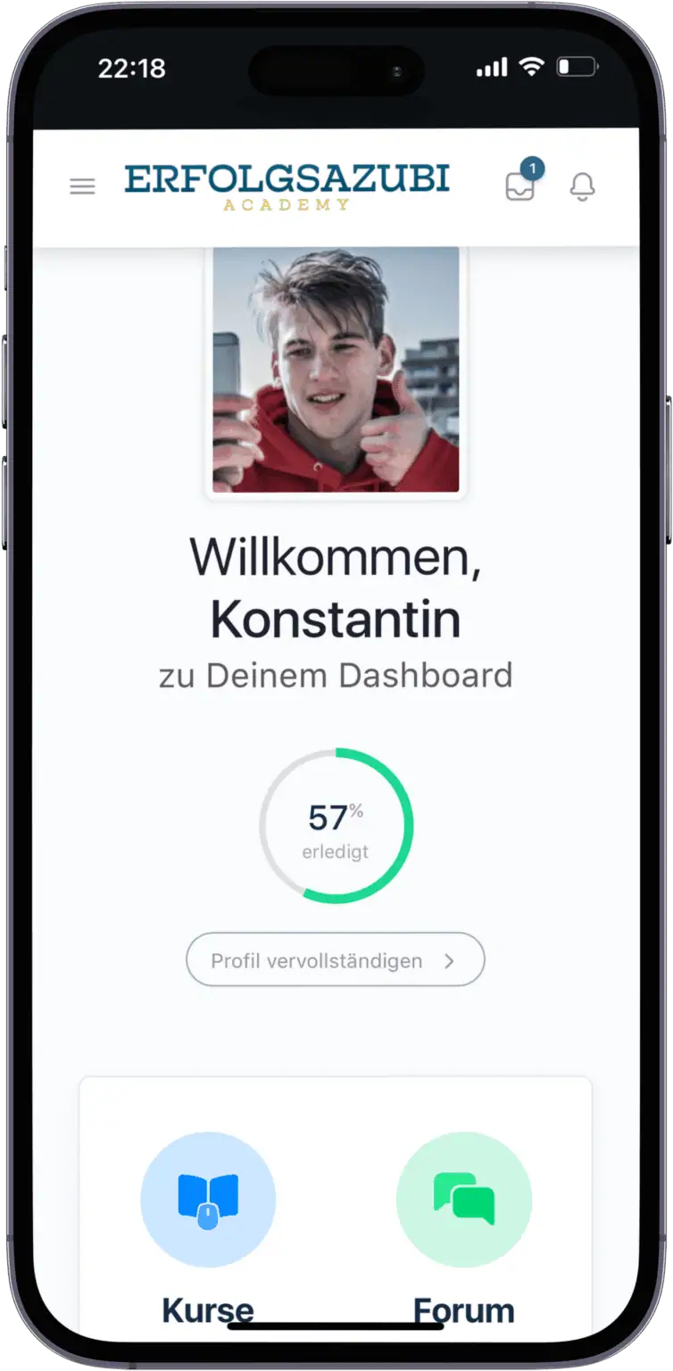 Willkommensbildschirm ErfolgsAzubi App auf iPhone mit Konstantin Profil und Fortschrittsanzeige