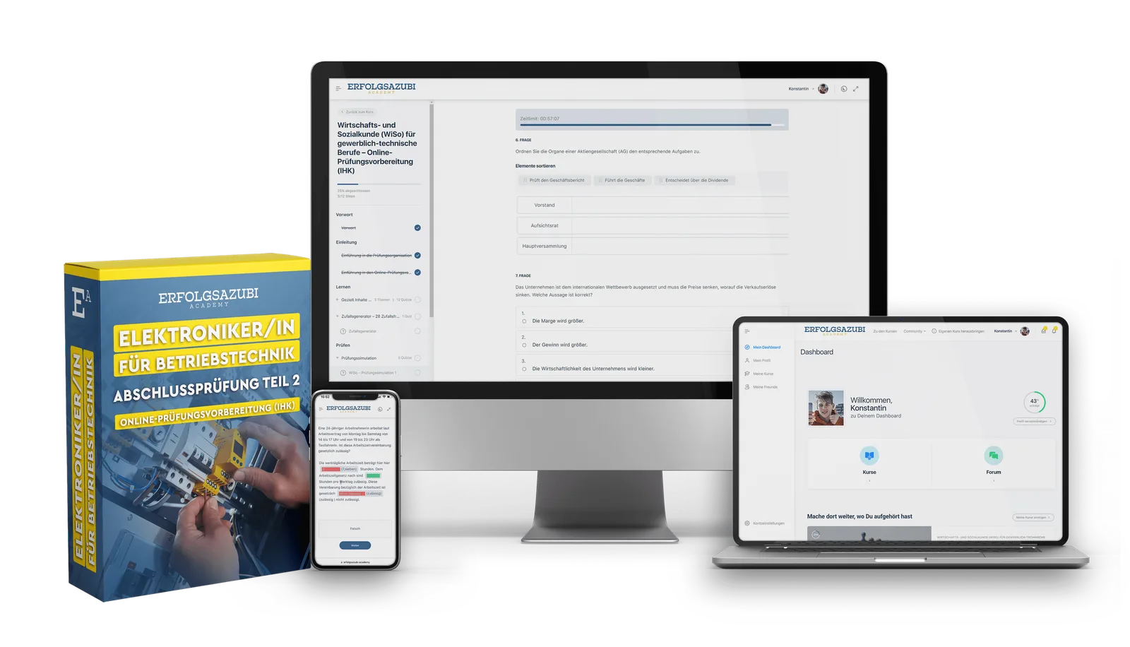 Elektroniker für Betriebstechnik AP2 Onlinekurs auf Laptop, Tablet und Smartphone mit Kursbox