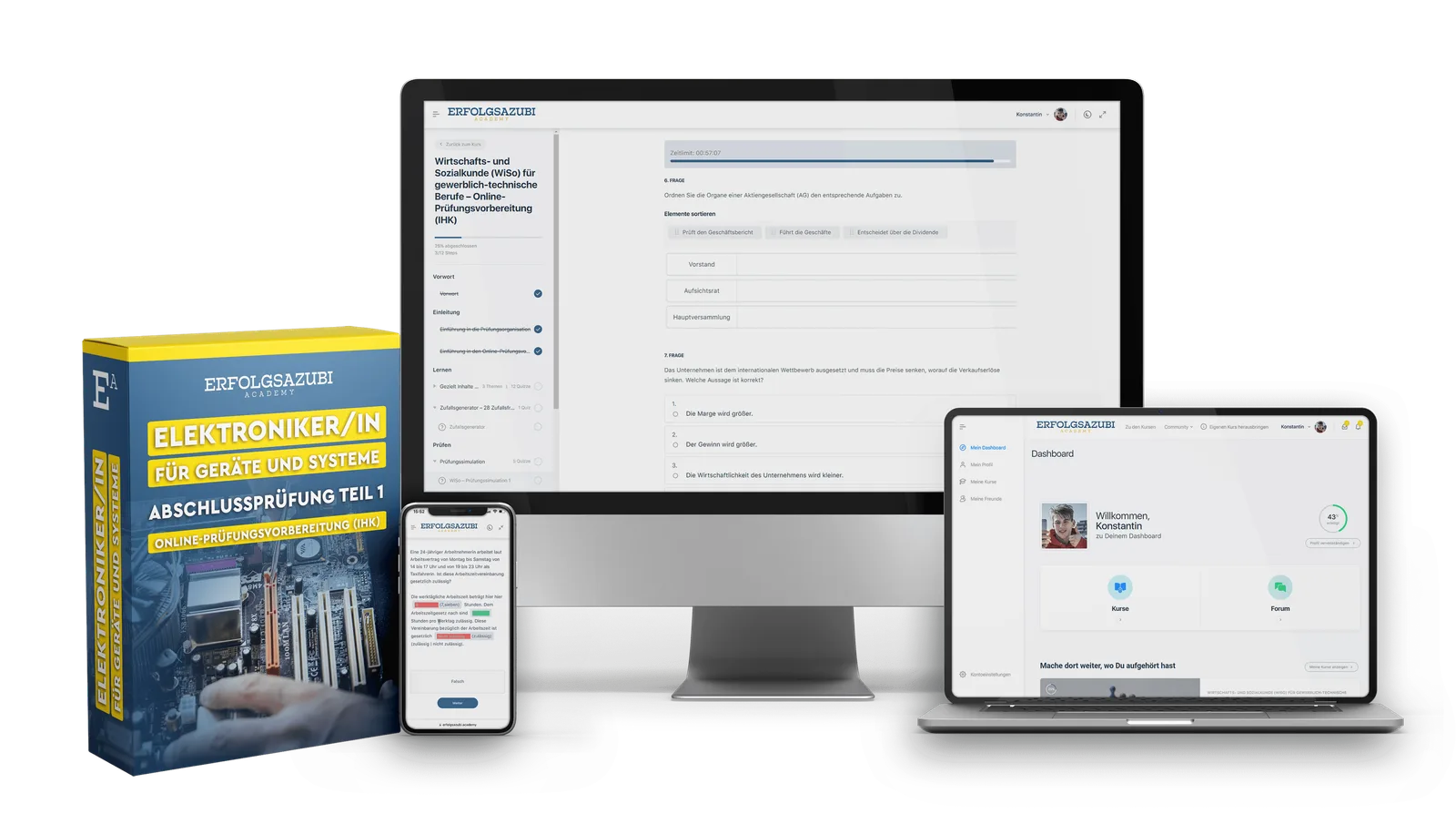Elektroniker für Geräte und Systeme AP1 von Christoph Höller 2 ErfolgsAzubi Academy Onlinekurs-Plattform auf Desktop, Tablet und Smartphone mit Kursinhalten zu WiSo für gewerblich-technisc