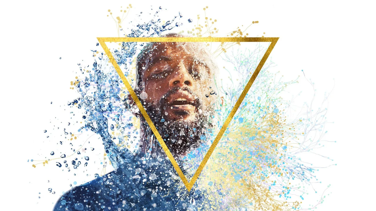 Mann mit Wassersplash-Effekt in goldenem Dreieck-Symbol, abstrakte Partikel-Grafik