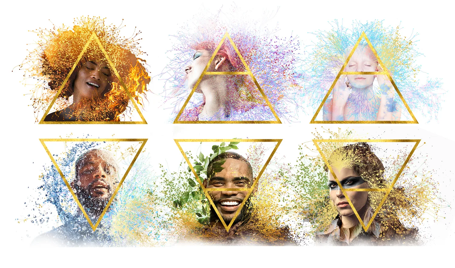 Elemente der Ekstase – Videokurs zur Sexualität von Ilan Stephani 11 Übersichtsgrafik mit sechs Elementen in Dreiecken, verschiedene Personen und Farbeffekte