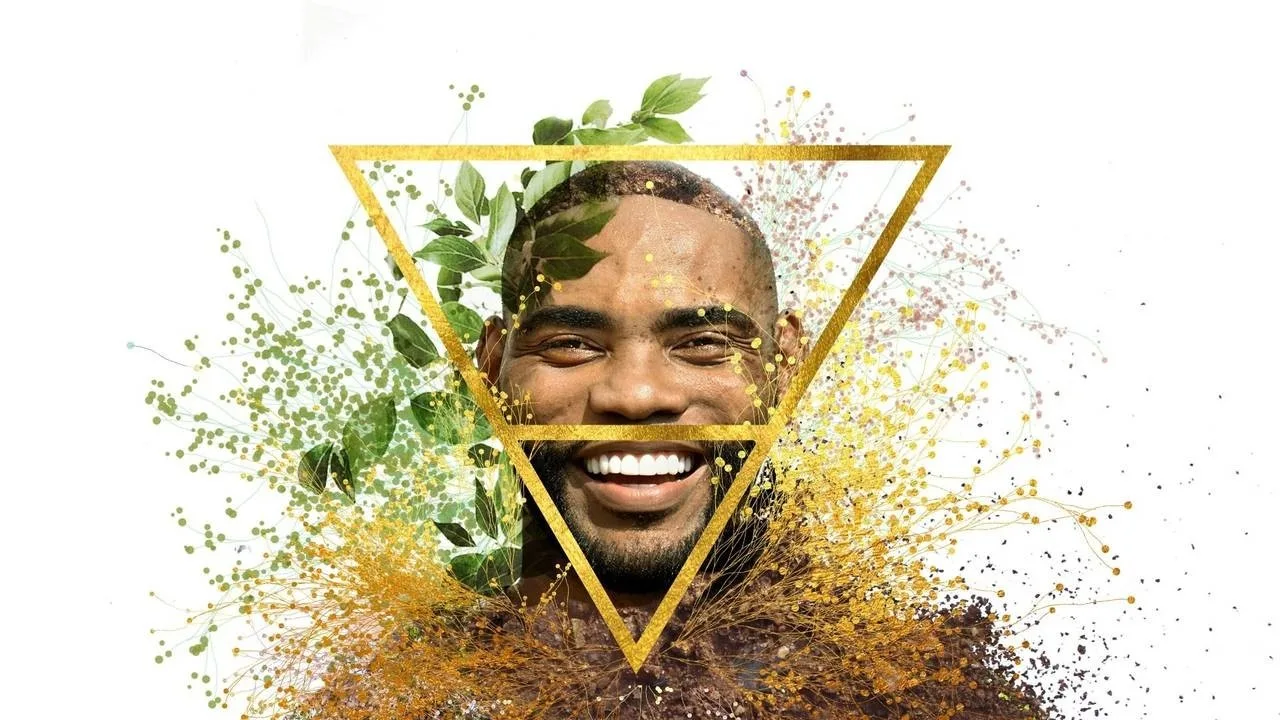 #ElementeDerEkstase – Audiokurs zu Solosex von Ilan Stephani 3 Ilan Stephani lächelnd in goldenem Dreieck mit Erde-Elementen und Partikeln