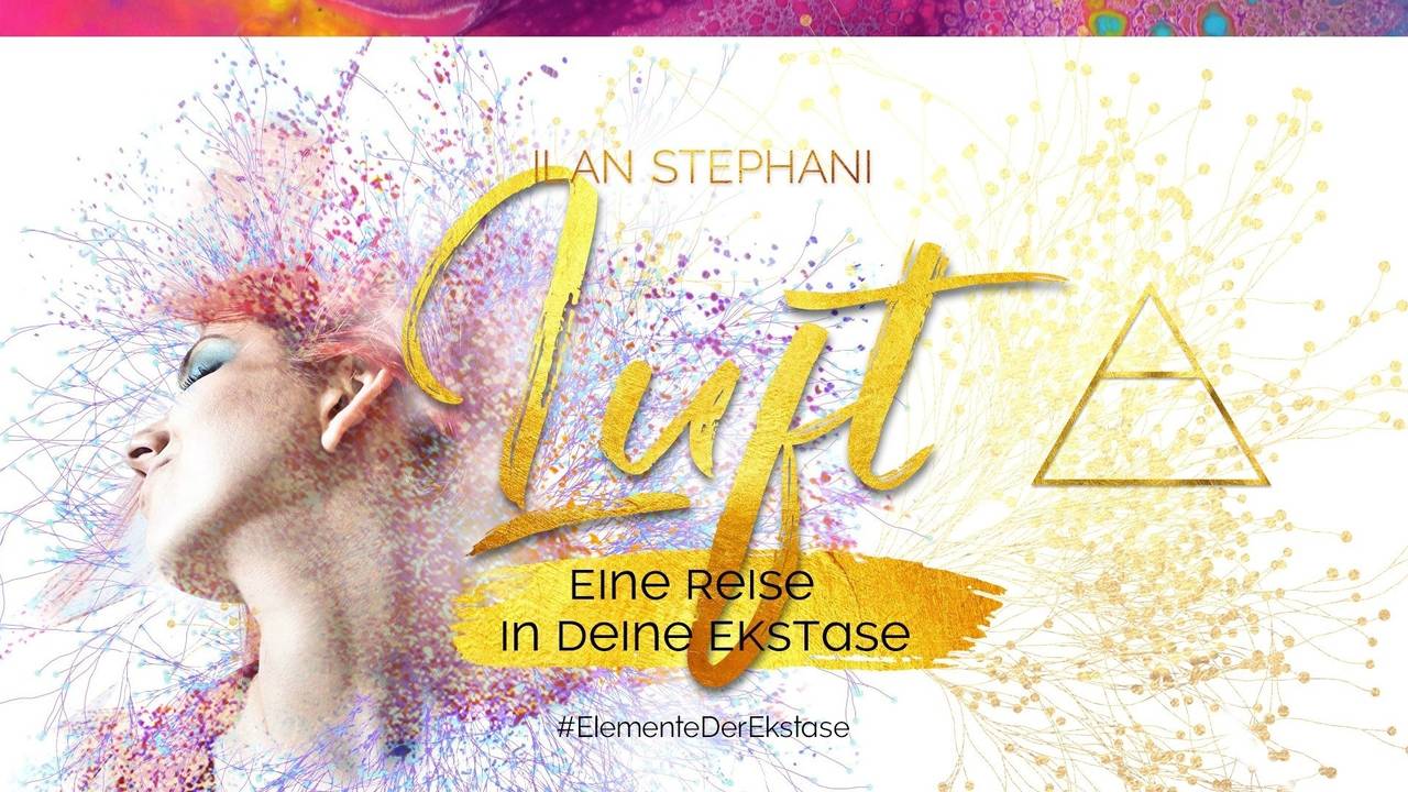 Hero-Banner #ElementeDerEkstase Element Luft mit Profil einer Person, bunten Partikeln und goldenem Text