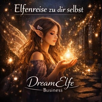 Cover Elfenreise zu dir selbst mit goldener Elfe, Lichteffekten und DreamElfe Business Logo