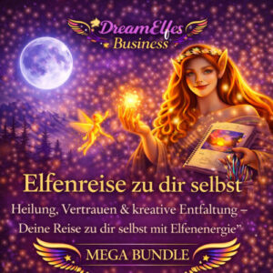 DreamElves Business Mega Bundle Produktabbildung mit rötlicher Elfe, Mond und heilendem Text