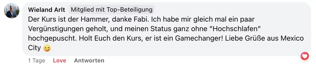 Facebook-Kommentar von Wieland Arlt über Elite Travelhacking Kurs