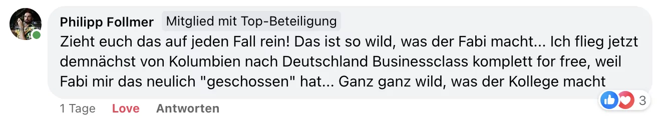 Facebook-Kommentar von Philipp Follmer über kostenlose Businessclass-Flüge