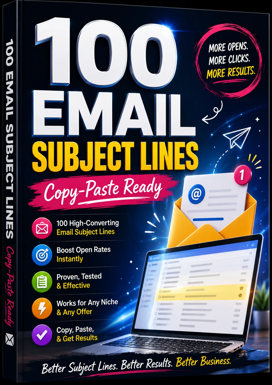 100 Email Subject Lines E-Book Cover mit 3D-Zahlen auf dunklem Hintergrund