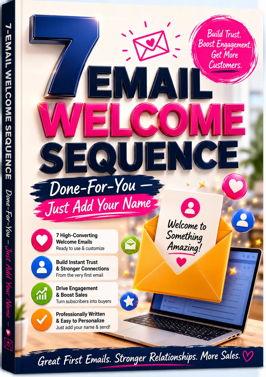 7-Email Welcome Sequence E-Book Cover mit großer 7er Zahl und Envelope-Grafik