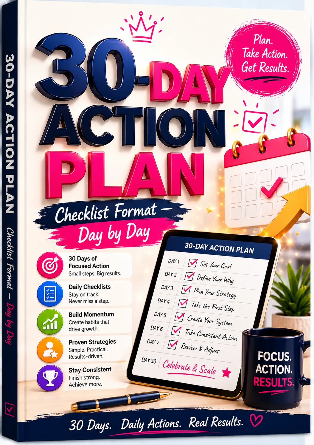 30-Day Action Plan E-Book Cover mit großer 30er Zahl und Checklist-Mockup
