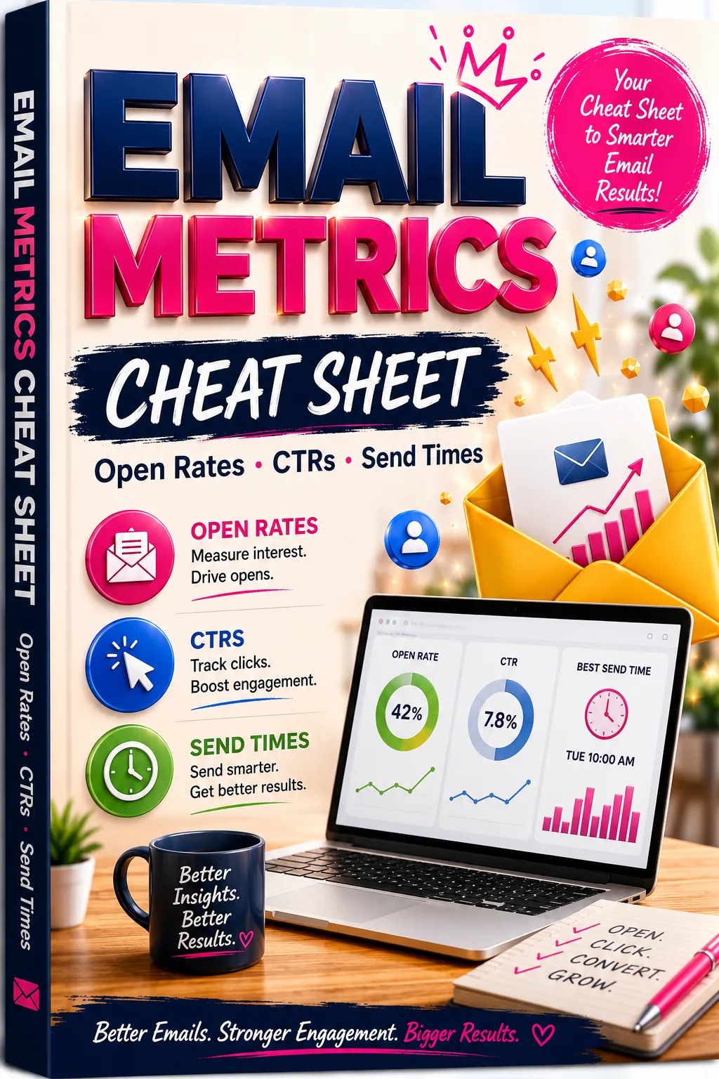 Email Metrics Cheat Sheet E-Book Cover mit Open Rates, CTR und Send Times