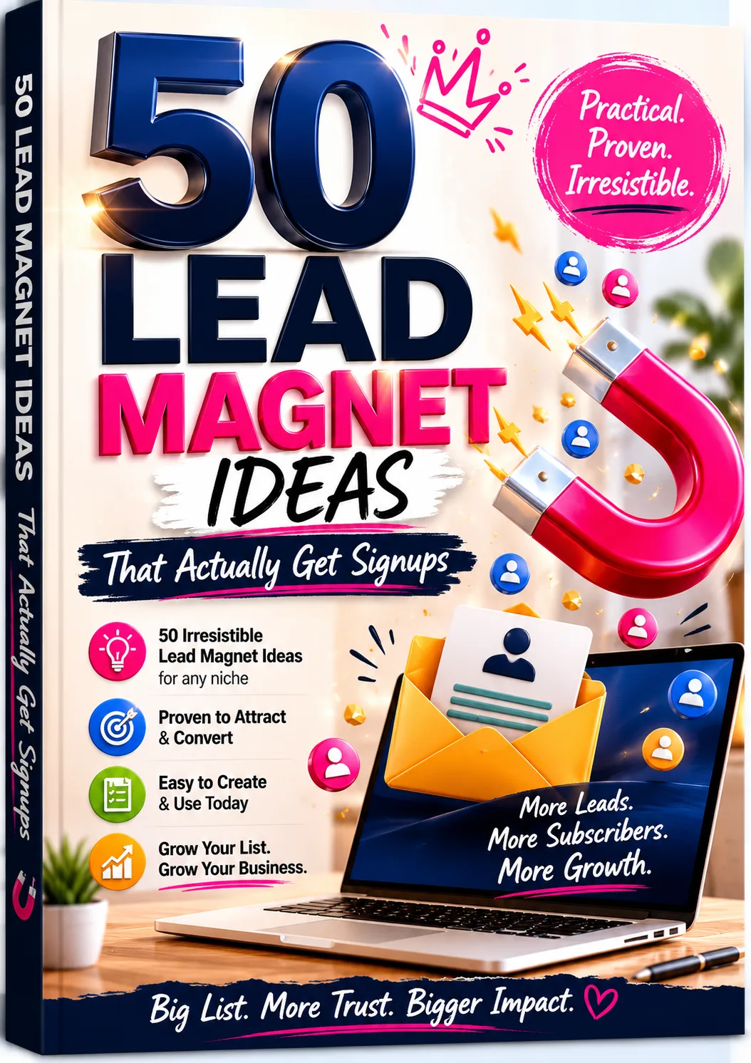 50 Lead Magnet Ideas E-Book Cover mit magnetischer Grafik und Laptop-Mockup