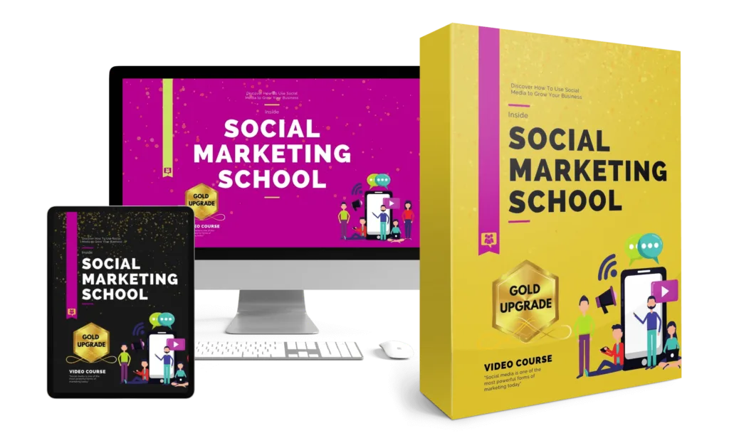 Social Marketing School Upgrade Package mit Gold-Badge auf verschiedenen Geräten und Box