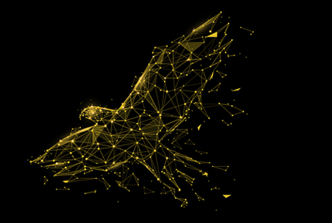 Goldenes Netzwerk-Verbindungsmuster auf schwarzem Hintergrund, stilisierte Landkarte mit abstrakten Knoten und Linien