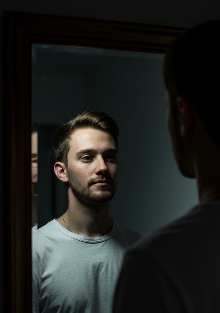 Mann in hellem T-Shirt blickt nachdenklich durch Türrahmen in gedimmtem Licht