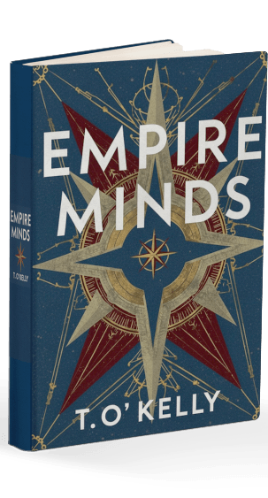 Buchcover Empire Minds von T. O'Kelly mit dunkelblauem Hintergrund und Kompass-Design