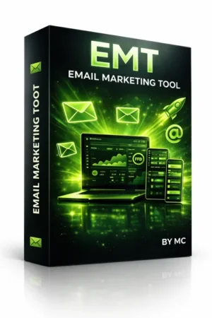 EMT E-Mail Marketing Tool Produktbox Mockup mit grüner Beleuchtung und Geräten