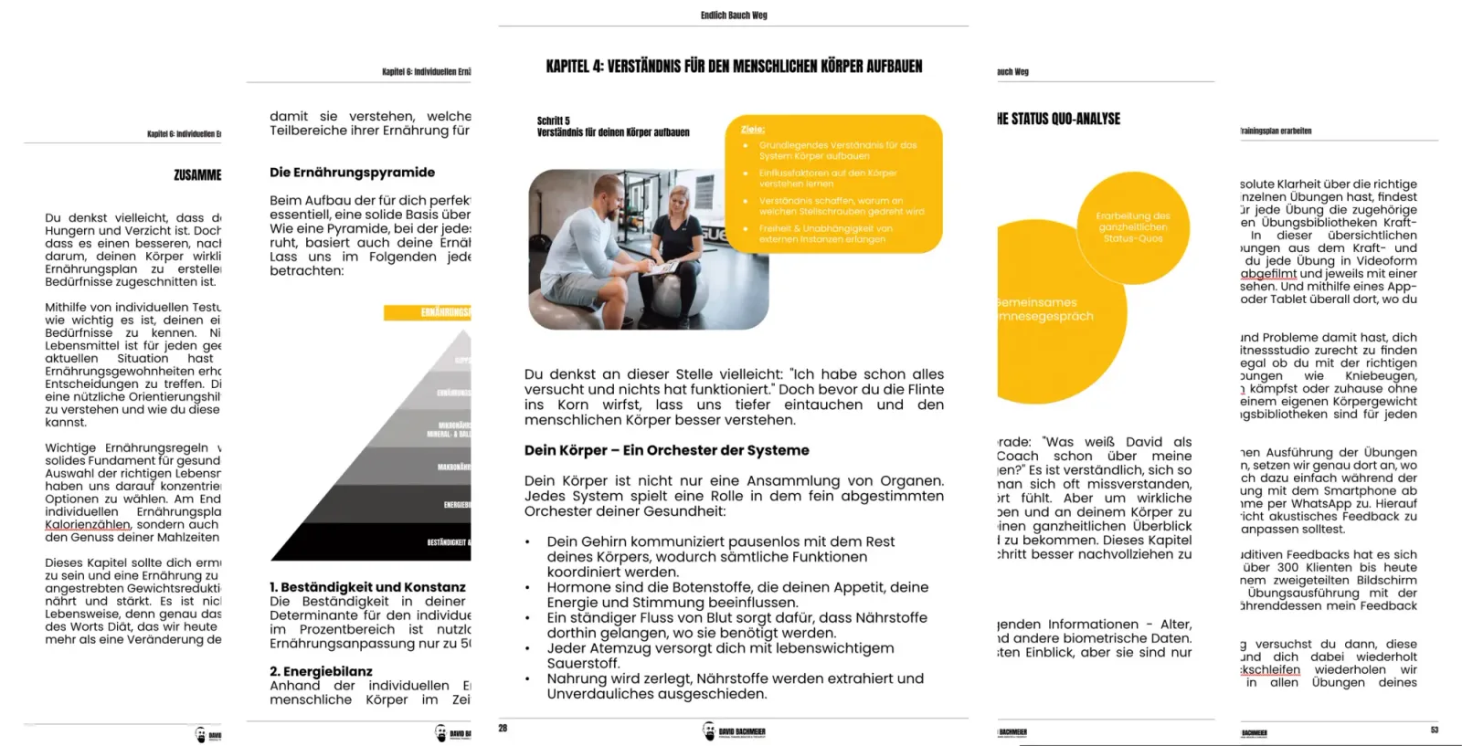 Innenseiten-Ausschnitt des Buches Endlich Bauch Weg zeigt Kapitel 4 mit Ernährungspyramide, Fotos und gelben Textboxen