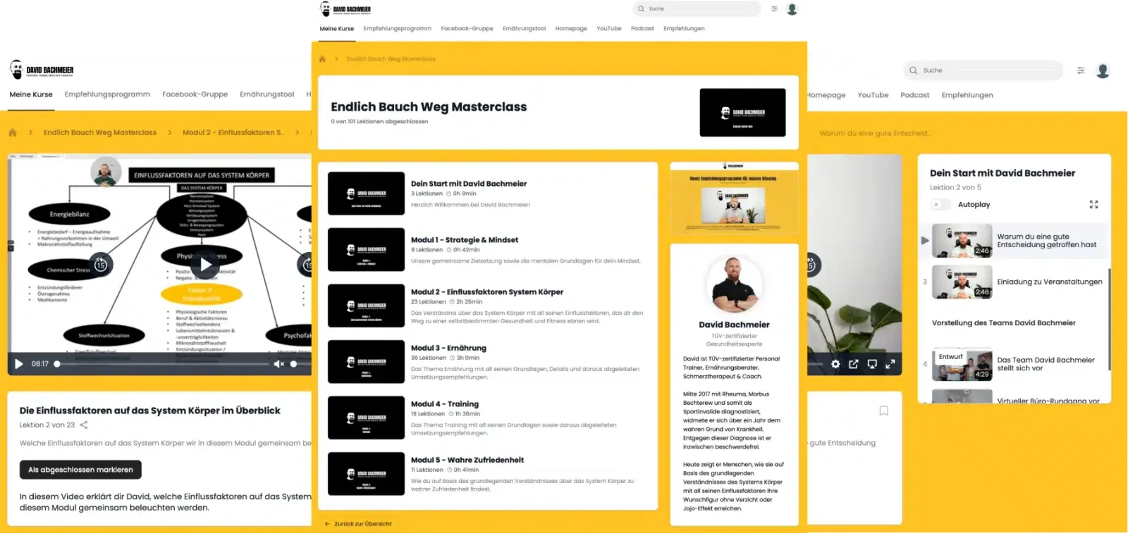 Screenshot der Masterclass-Plattform mit Video-Lektionen, Modulübersicht und David Bachmeiers Profil