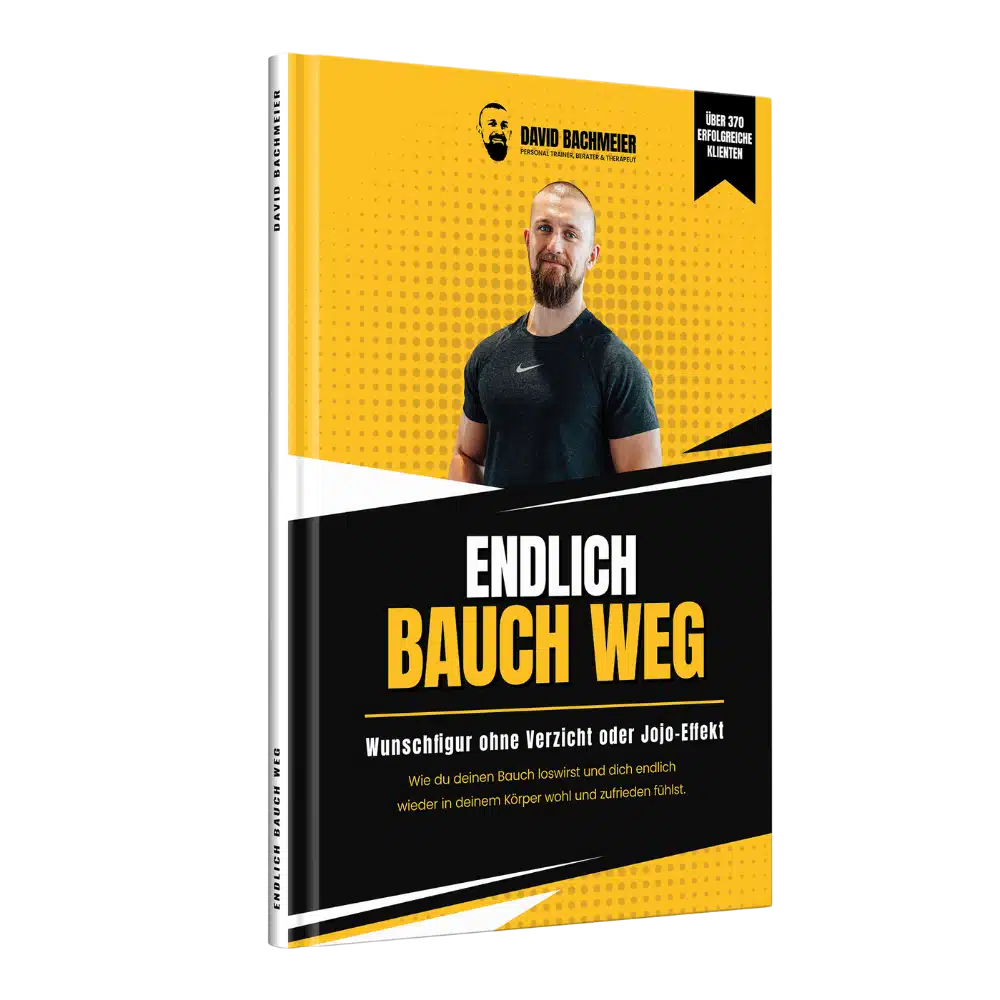Buch-Cover Endlich Bauch Weg von David Bachmeier mit gelbem Hintergrund und schwarzem Balken, zeigt den Autor in schwarzem Sh