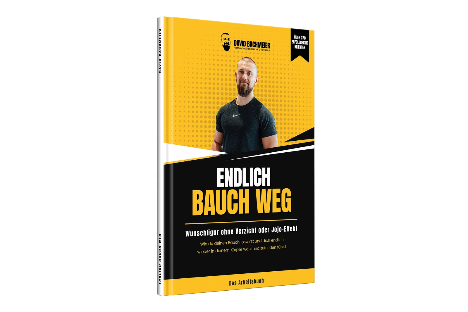 Buch Endlich Bauch Weg Arbeitsbuch mit gelbem Cover und Autor im schwarzen Shirt, 3D-Ansicht