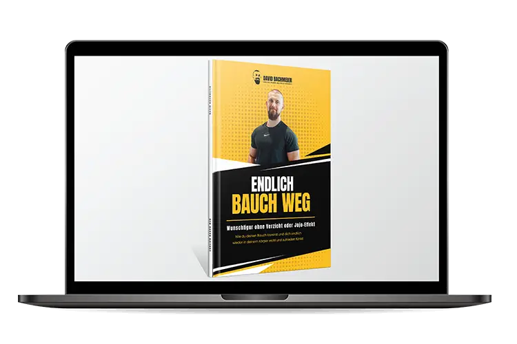 Endlich Bauch Weg Masterclass – Videokurs zur Fettreduktion 2 Videokurs Endlich Bauch Weg auf Laptop-Bildschirm mit Buchcover und David Bachmeier