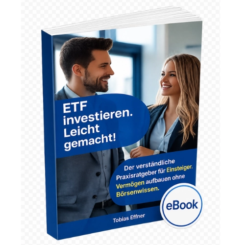 ETF investieren. Leicht gemacht! eBook-Cover mit zwei Geschäftsleuten, blauer Hintergrund und eBook-Badge