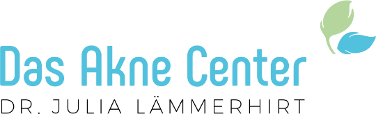 Das Akne Center Logo mit türkisem Blatt-Symbol und Dr. Julia Lämmerhirt Schriftzug