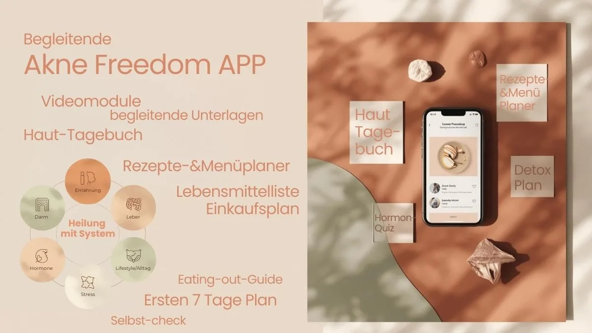 Programmübersicht mit Akne Freedom App, Videomodule, Tagebuch, Rezepte und Smartphone-Mockup