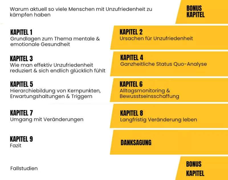 Kapitelübersicht des Buches mit 9 Kapiteln und Bonuskapiteln, schwarz-gelbes Design mit Pfeilen