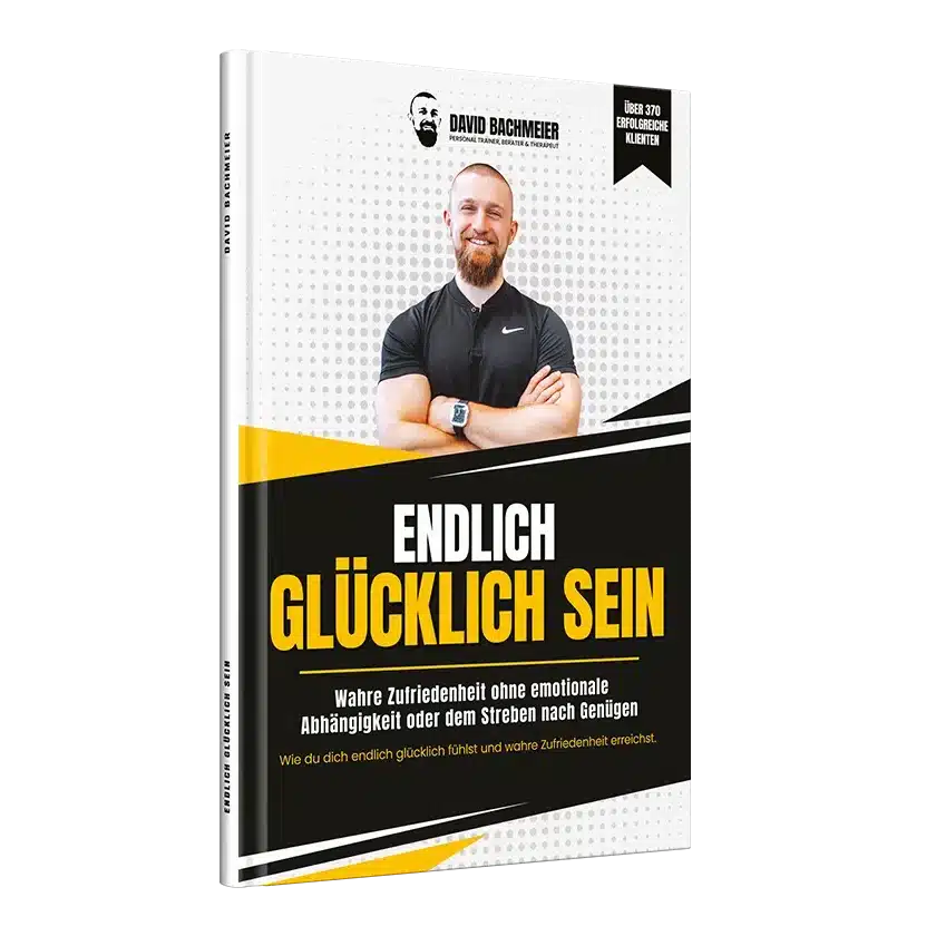 Buch-Cover Endlich glücklich sein von David Bachmeier, Frontansicht mit Porträt des Autors in schwarzem Poloshirt