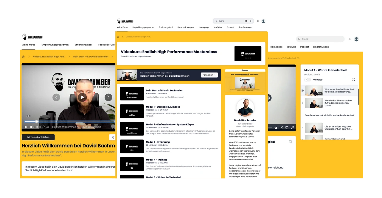 Screenshot Endlich High Performance Masterclass Plattform mit Videokursen und Modulen