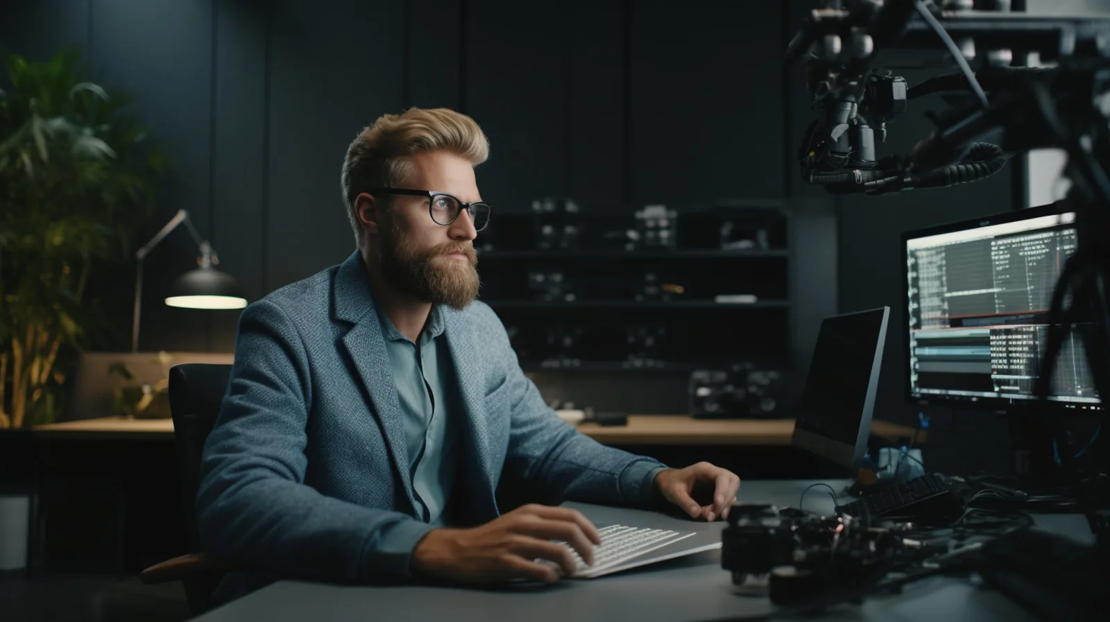 Endlich raus aus dem System – Auswander-Videokurs 5 Videoproduktion Studio mit Mann und professionellem Equipment, Behind-the-Scenes des Videokurses