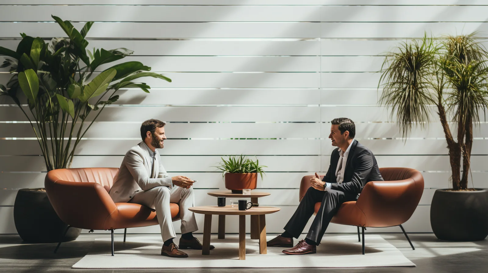 Endlich raus aus dem System – Auswander-Videokurs 6 Zwei Geschäftsmänner im modernen Büro beim Gespräch, Symbolbild für Business-Mentoring und Beratung