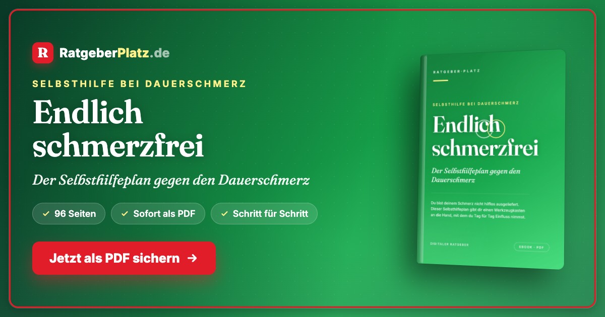 Endlich schmerzfrei – E-Book zu chronischen Schmerzen 1 E-Book Cover Endlich schmerzfrei, Selbsthilfeplan gegen Dauerschmerz von Ratgeberplatz
