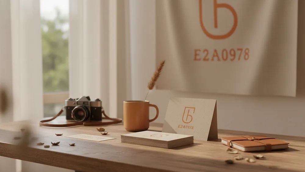 Styled Workspace mit Kamera, Kaffeetasse und Branding-Materialien – Almalux Innovation