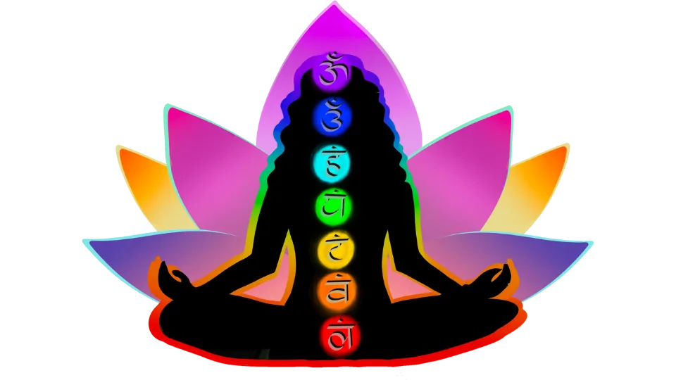 Energetische Aktivierung deiner 7 Haupt-Chakren – Audio-Meditation 3 Silhouette einer meditierenden Frau in Lotus-Position mit farbigen Chakra-Symbolen