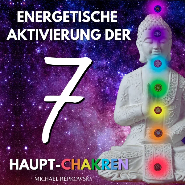 Energetische Aktivierung deiner 7 Haupt-Chakren – Audio-Meditation 4 Quadratisches Albumcover mit Buddha und farbigen Chakren-Energiepunkten