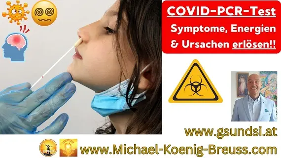 Frau mit PCR-Teststab und Text COVID-PCR-Test Symptome, Energien & Ursachen erlösen