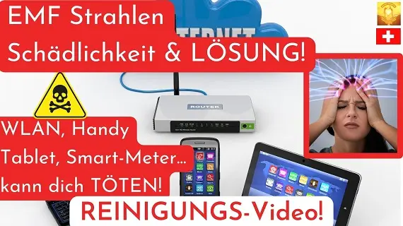 Router, Handy, Tablet und Frau mit Kopfschmerzen, Text EMF Strahlen Schädlichkeit & Lösung