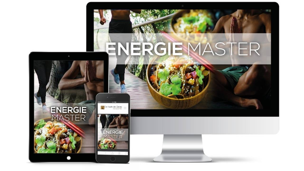 Energie Master Videokurs auf allen Endgeräten mit Hintergrundfoto von Bewegung, Ernährung und Wellbeing