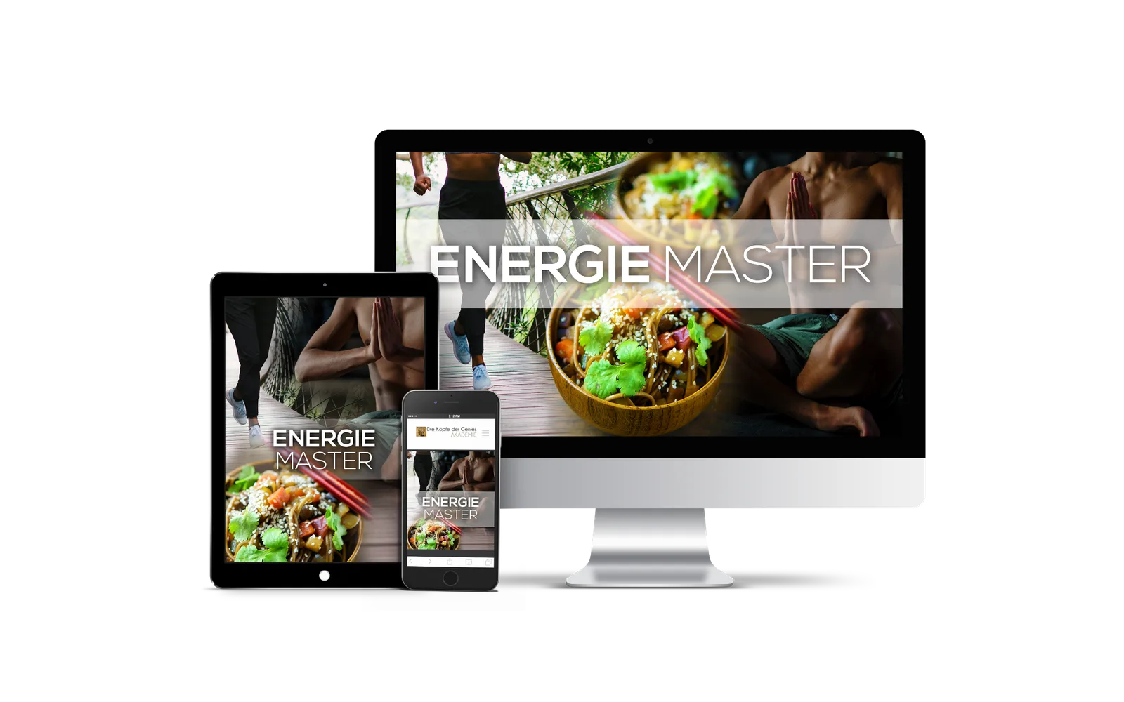 Energie Master Kurs auf verschiedenen Geräten: Tablet, Smartphone und Monitor mit Kursplattform