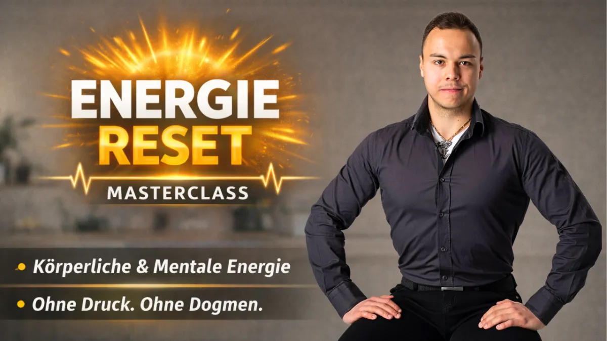 Energie Reset Masterclass in 1200x675 Pixel mit Robin Hofmann in dunklem Hemd und Kursdetails
