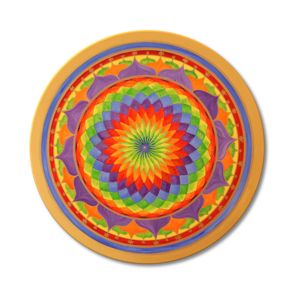 Energiebilder selber malen – Online Videomalkurs Mandala 10 Herzchakra-Mandala mit grünem Untergrund, blauen Blüten und gelblichem Kern mit goldenem Rahmen
