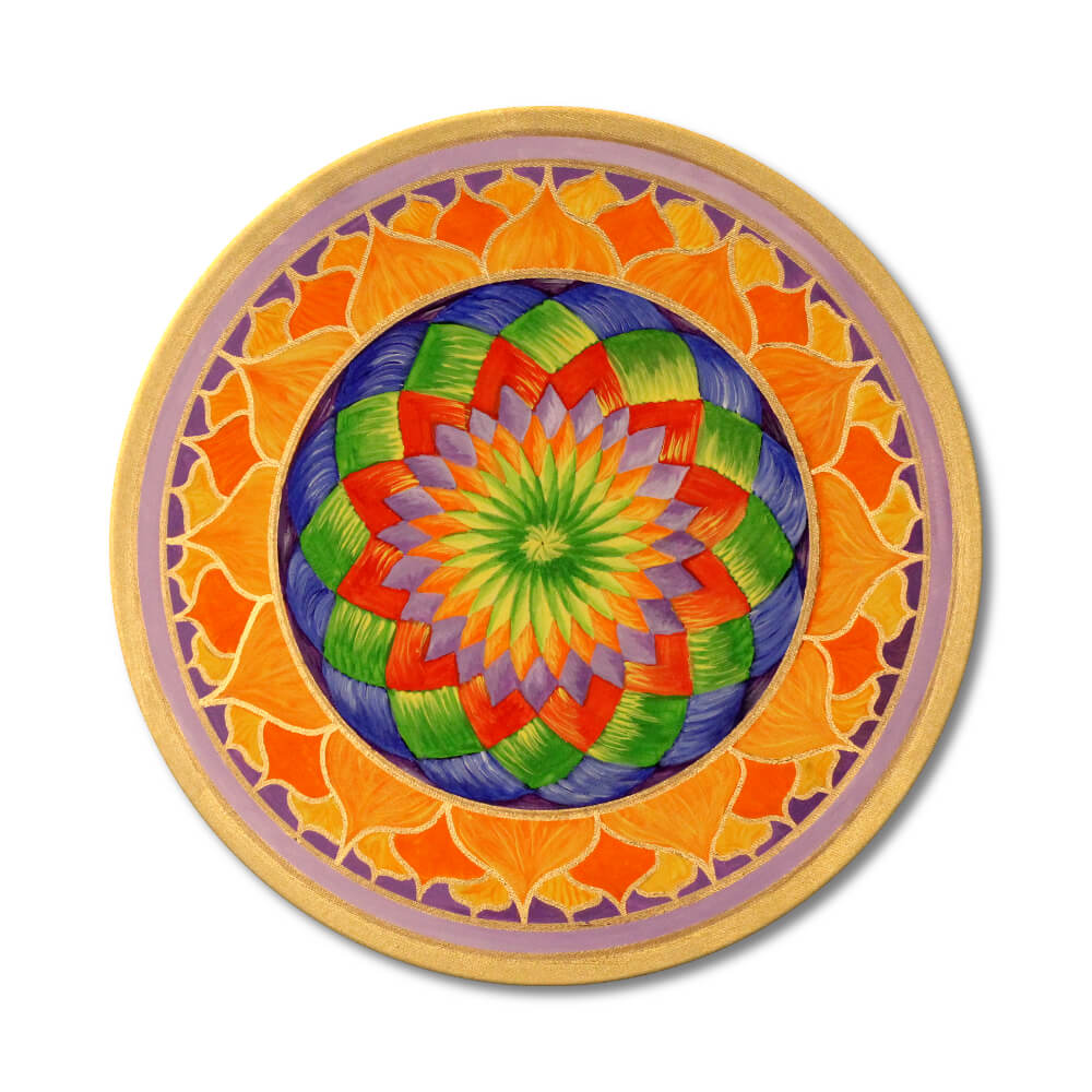 Energiebilder selber malen – Online Videomalkurs Mandala 11 Regenbogen-Mandala mit mehrfarbigen konzentrischen Kreisen und Blütenmustern auf goldenem Rahmen