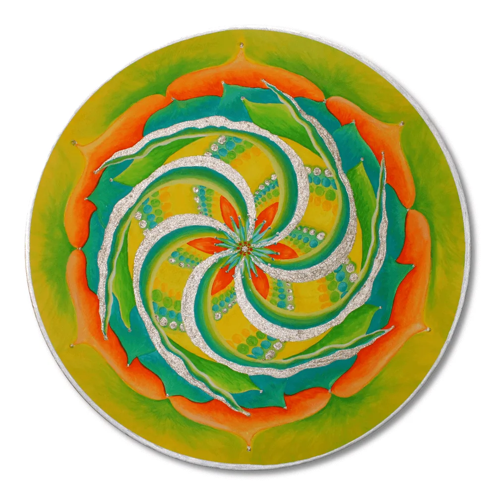 Energiebilder selber malen – Online Videomalkurs Mandala 12 Mehrteiliges Mandala mit Blüten, Purpur, Orange und bunten geometrischen Formen auf goldenem Rahmen