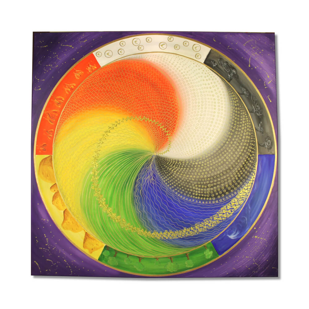 Energiebilder selber malen – Online Videomalkurs Mandala 13 Grünes Spiralen-Mandala mit silbern-glitzernden Spiralen und orange-roten Blättern