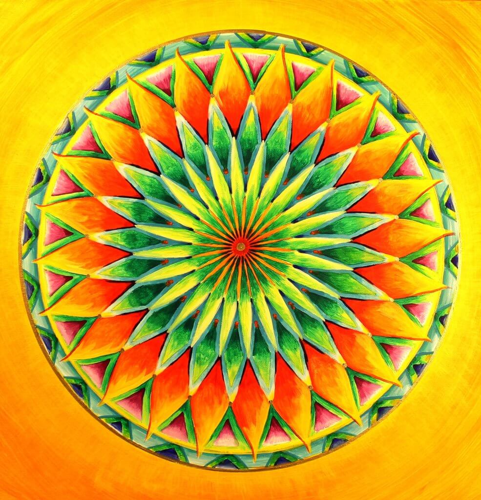 Energiebilder selber malen – Online Videomalkurs Mandala 35 Professionell ausgearbeitetes Mandala mit gelb-orange Hintergrund, intensiven Farben und Schattierungen